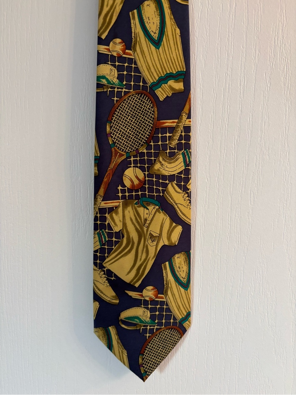 Men's Navy Tennis Themed Tie with Gold Sports Motif
